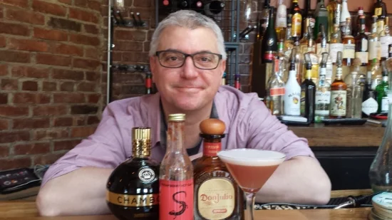 Tom from Loki Lounge and his spicy cocktail the Wandering Salamander made with 2 oz Don Julio Anejo, 1/2 oz Chambord, 1/2 oz maple syrup, 1 oz fresh lemon juice, 1 bar spoon Salamander Strawberry, mint and 1 egg white.