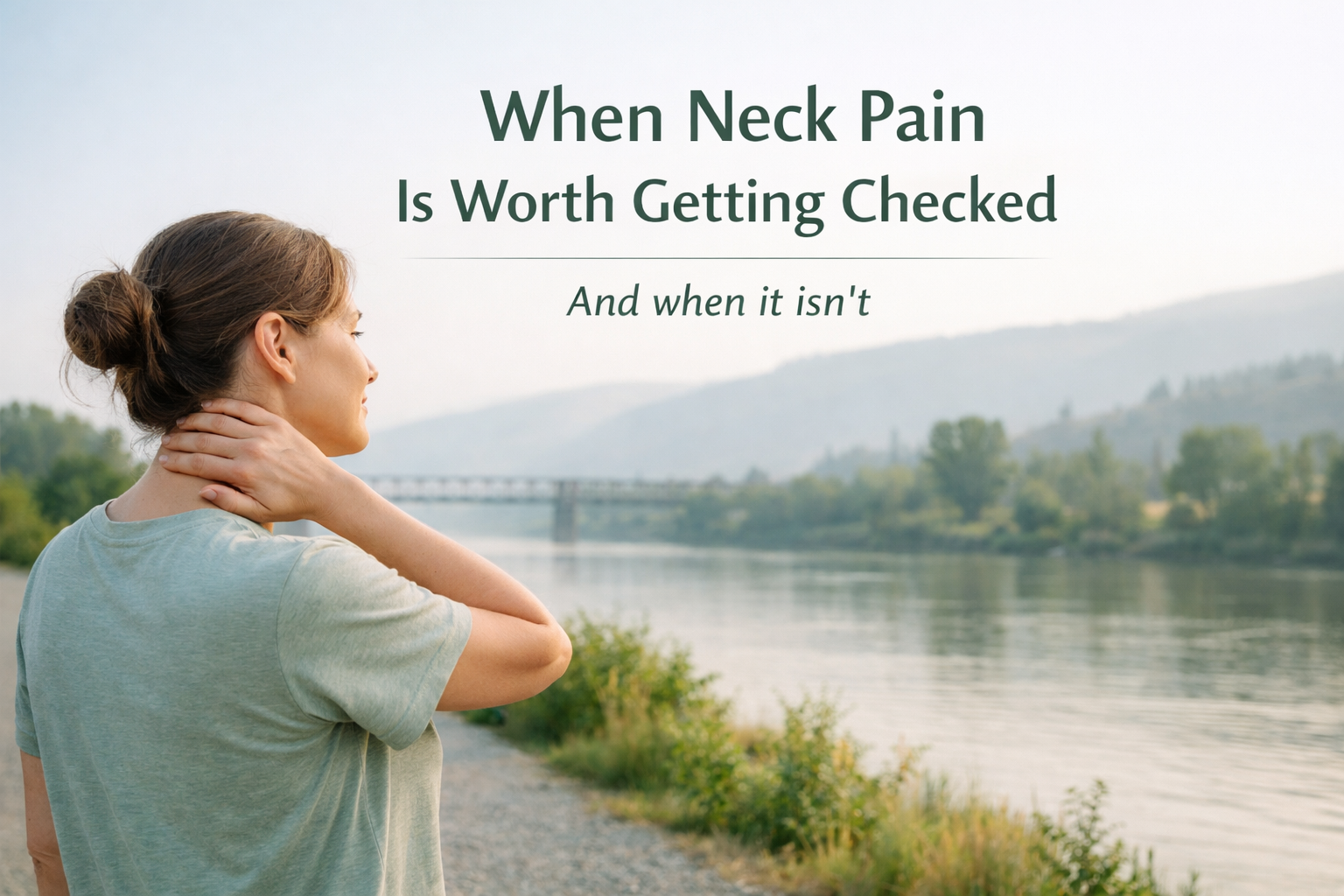 Calm person touching neck outdoors in Kamloops, representing common neck discomfort and decision-making about care