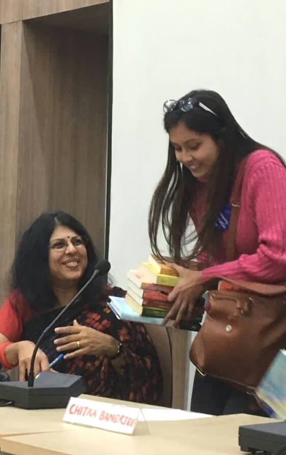 WITH READER SHAMBHAVI SINGH AT LADY SHRI RAM COLLEGE, DELHI