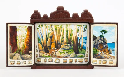 gifts of the storytellers – letting go gouache and wax on cedar 13 x 24.5cm
