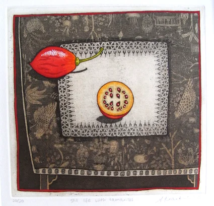 still life with tamarillo hand coloured etching 19 x 19.5cm
