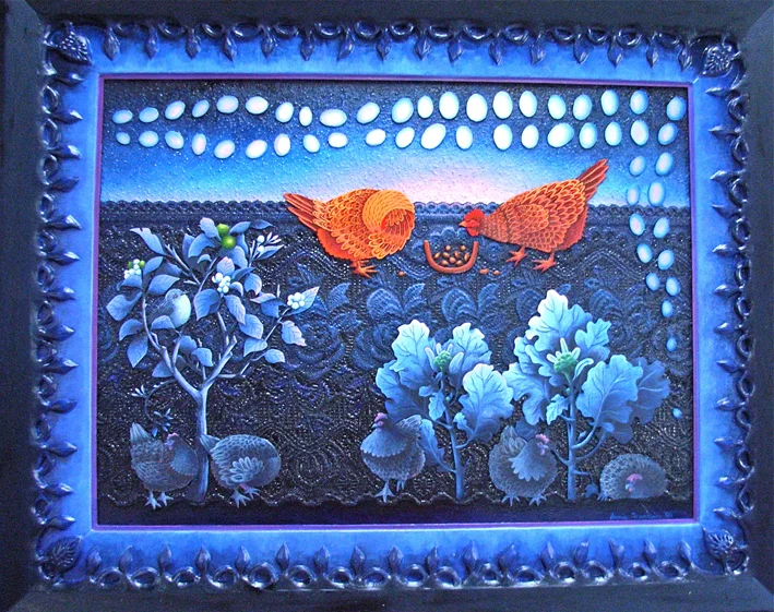 midwinter egg dreaming acrylic and oil on board, fabric and modelling clay 70 x 90cm