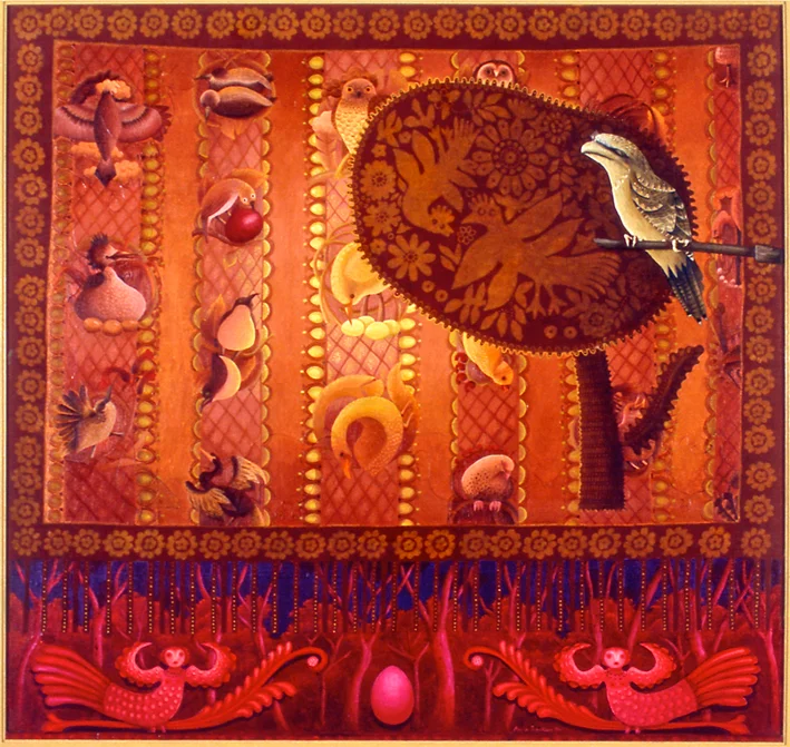feathered angels oil on strawboard, fabric and board 90 x 90cm