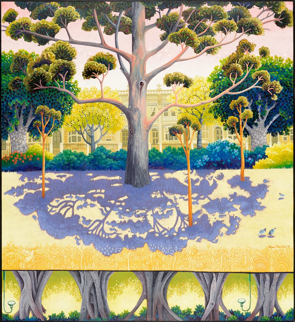 Rathdowne Street, summer morning gouache and wax on board 87 x 80cm