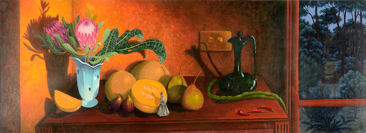 autumn still life (too many rockmelons) gouache and wax on board 130.5 x 42.5cm