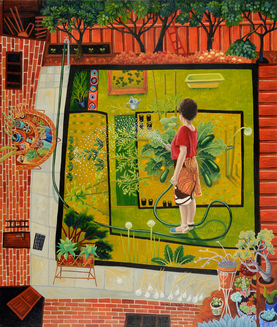 Celia's garden gouache and wax on board 49 x 42cm
