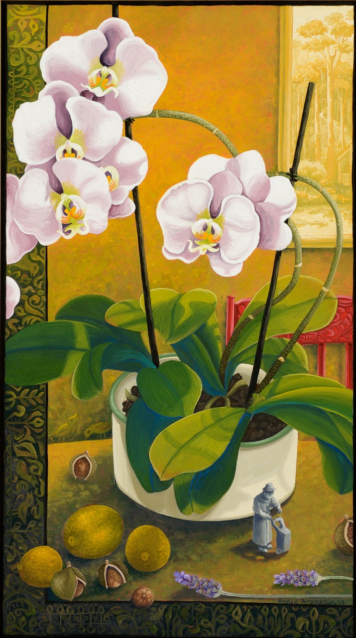 winter still life with orchids gouache and wax on board 49 x 29cm