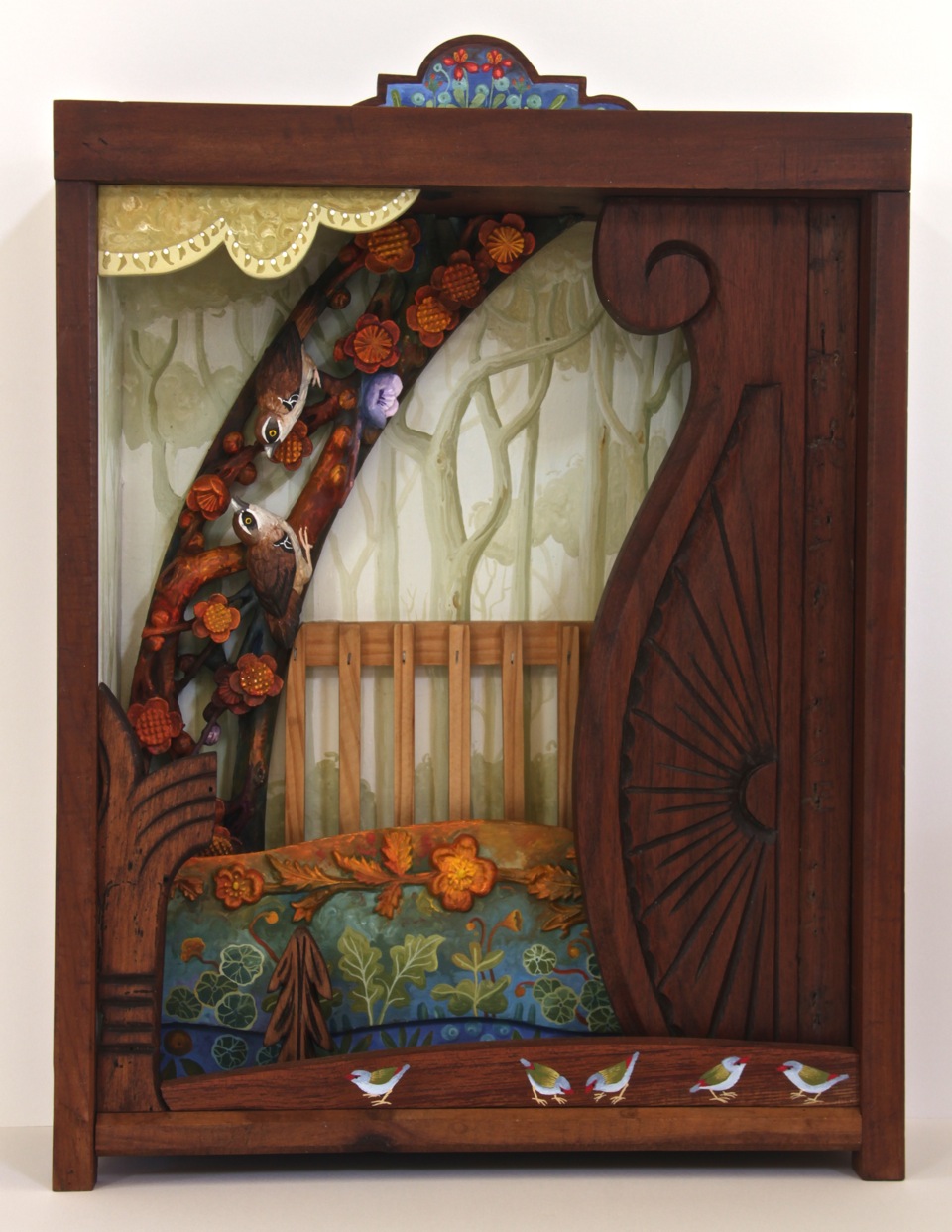 woman in the garden II gouache and wax on carved wood 40h x 31.5w x 12.5d