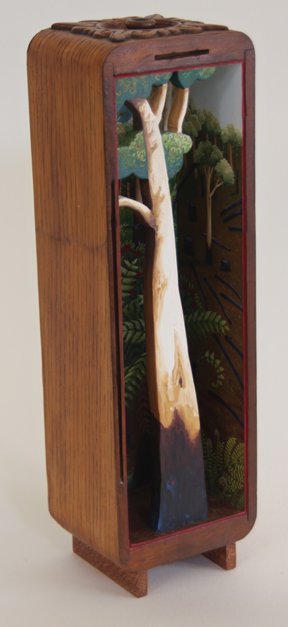 conservation area gouache and wax on wood 39h x 12w x 10d