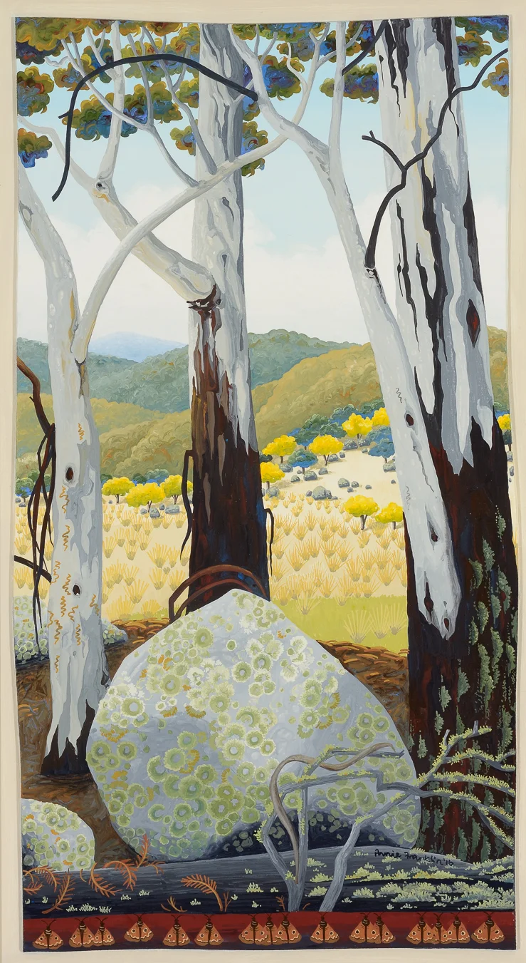 granite and lichen, Monaro plains gouache and wax on board 49 x 29.5cm