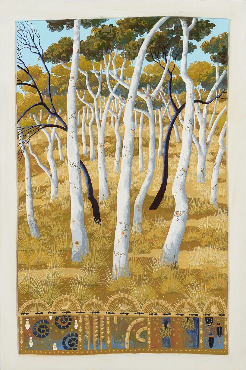 scribbled gums, Mt Ainslie gouache and wax on board 49 x 33.5cm