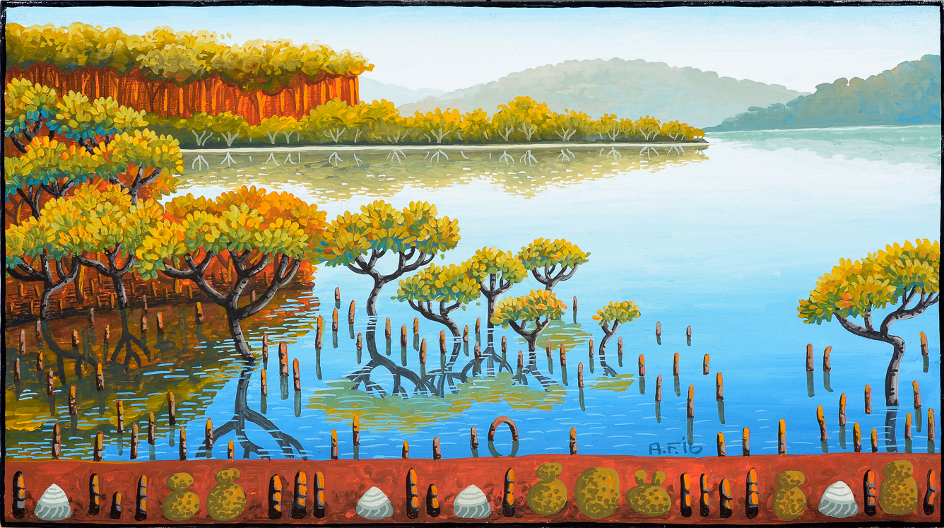 backyard lifecycle XI gouache and wax on Tasmanian oak 16.5 x 27cm