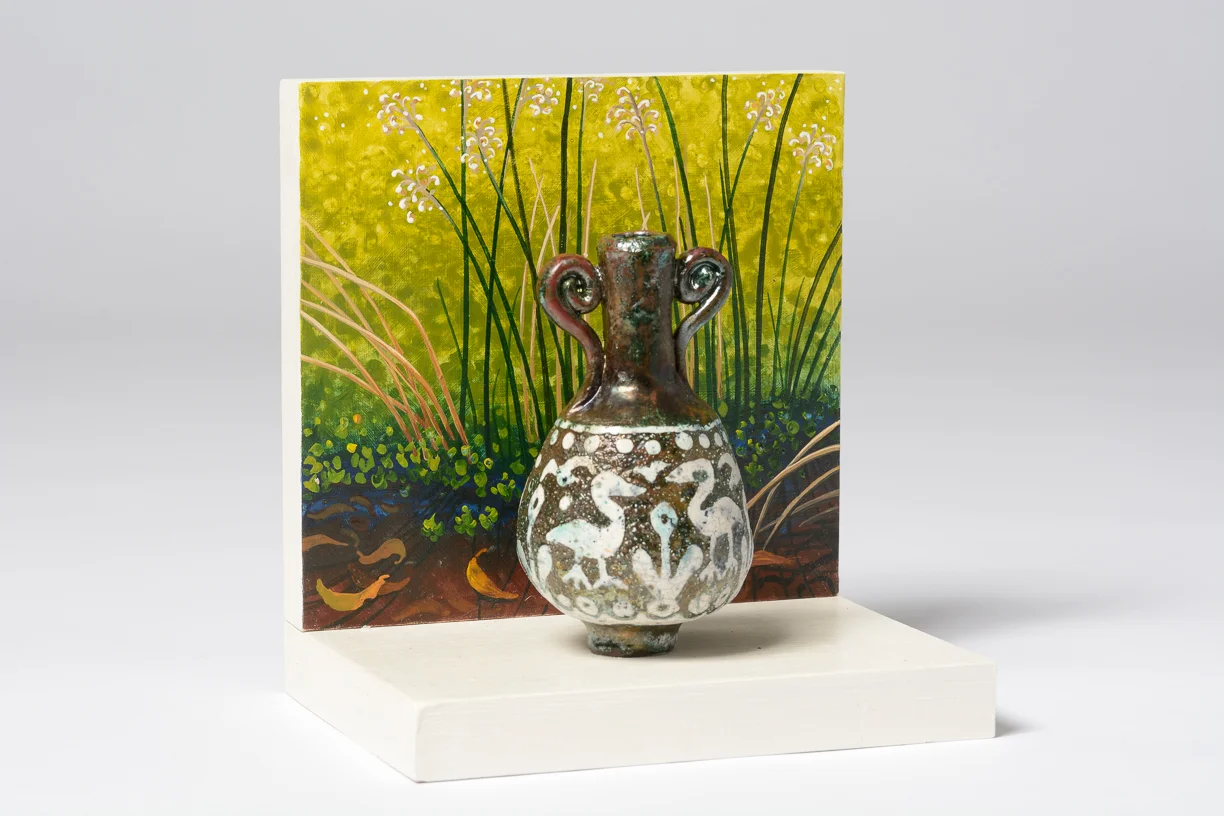 foreshore 2018 gouache and acrylic on wood, raku fired ceramics 16x14x12cm