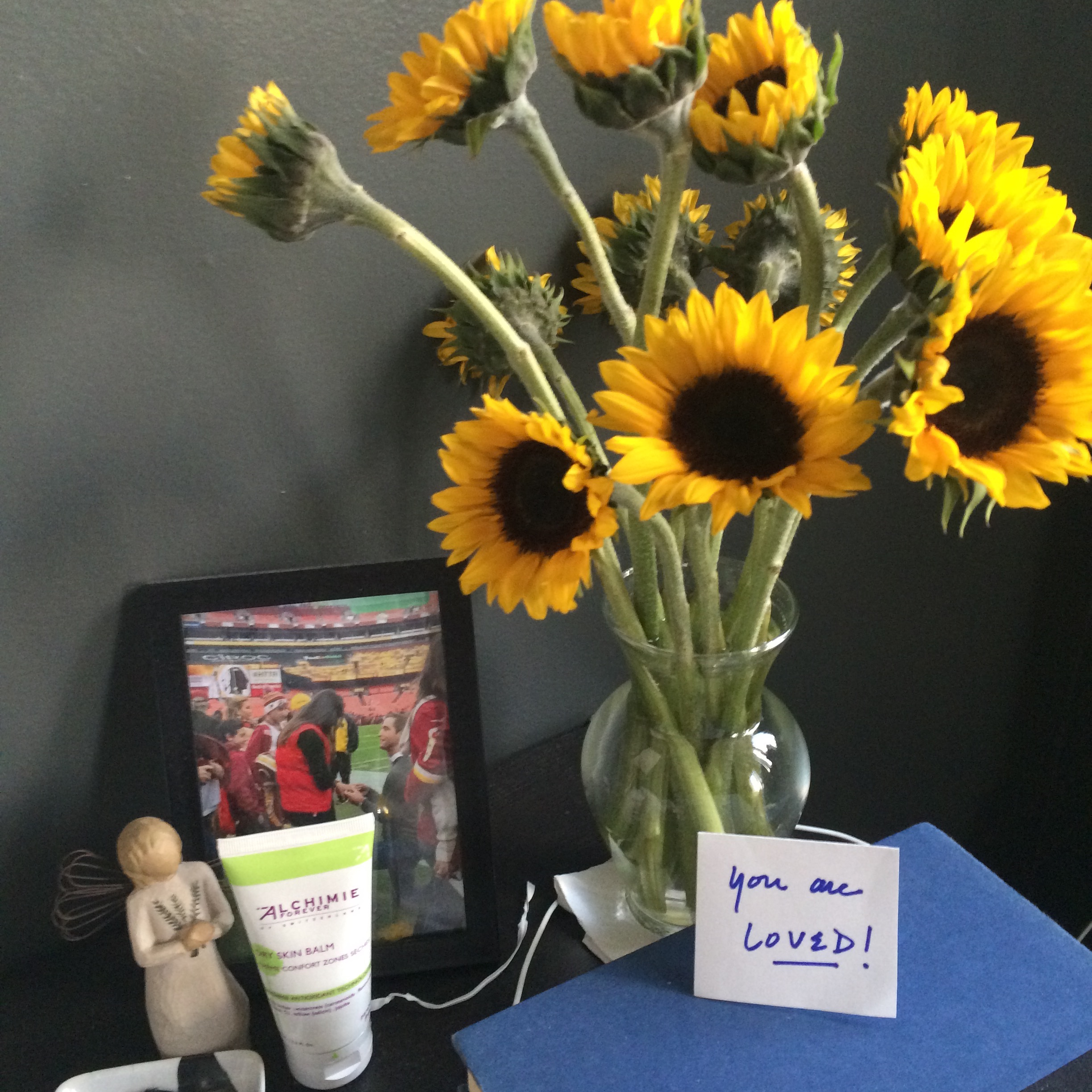 Sunflowers -- my favorites -- from Doug on my bedside table before going in for surgery. Waking up and seeing them each morning started my day off with a smile. 