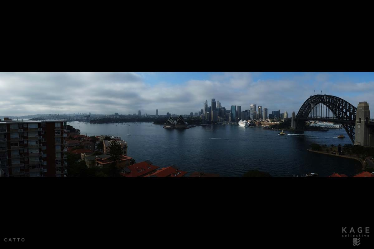 Better sweep panorama in Sydney, Australia with Fuji X-Pro 1 & 18mm f/2 lens. (Taken from a balcony, so no foreground problems this time.)