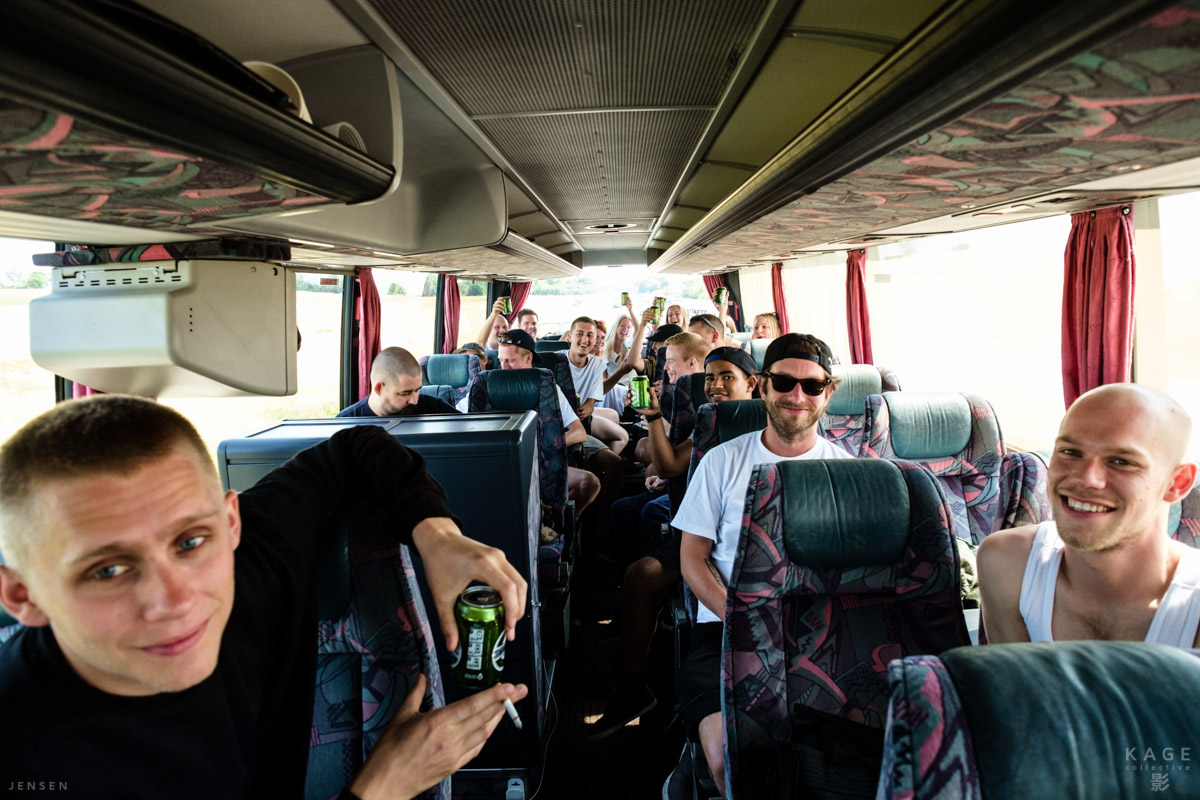 A bus full of artists and crew, on our way to the first gig on the road.