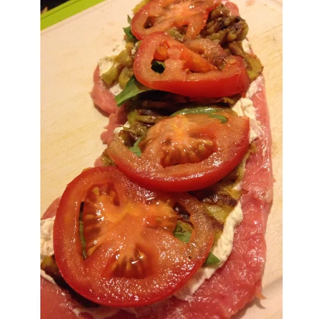 Veal Rollatini Veal cutlets stuffed with goat cheese, tomato