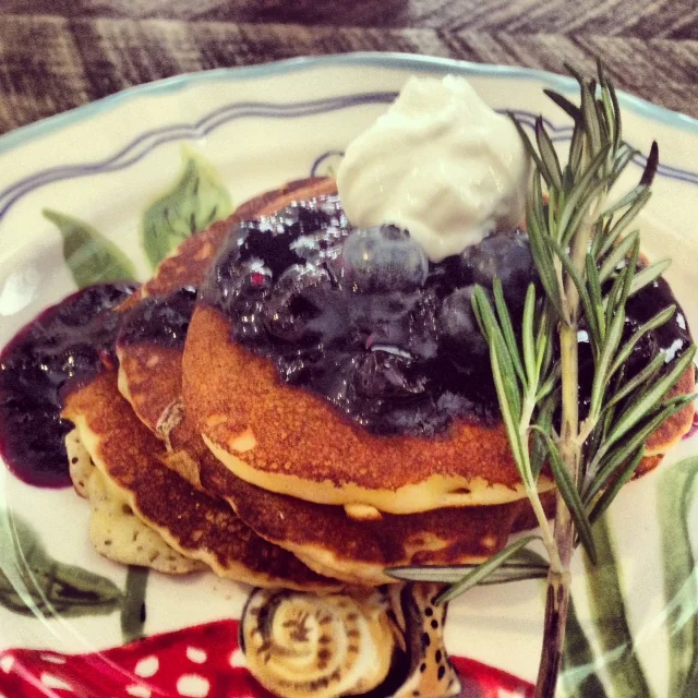 Corn Muffin Pancakes with a Blueberry &amp; Rosemary Compote