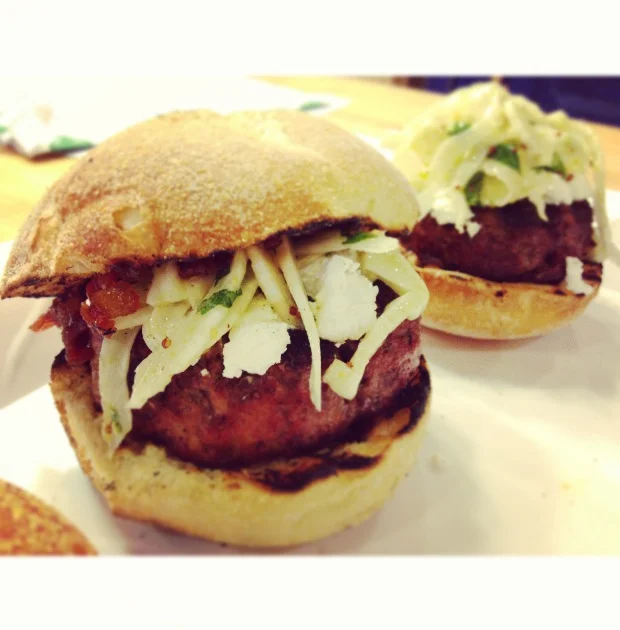 Lamb Burgers with Bacon Tomato Jam, Fennel Mint Slaw and Chevre Goat Cheese