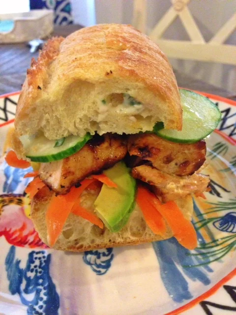 Grilled Salmon Sandwiches with Carrots, Cucumber, Avocado and a Sherry Tarragon Mayo