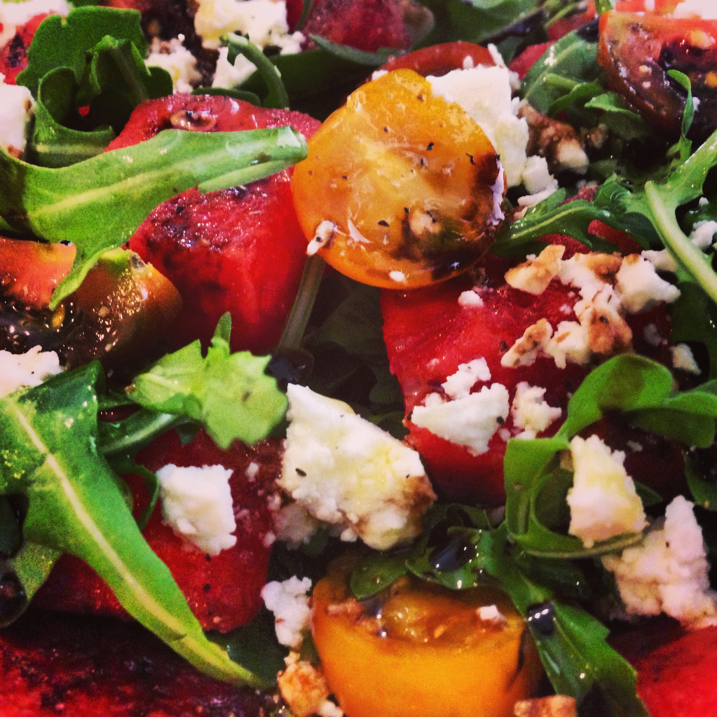 Watermelon, Arugula Salad with Goat Feta &amp; Heirloom Tomatoes