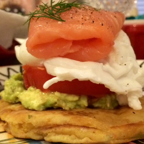 Corn Cakes topped with Avocado, Tomato, Poached Egg &amp; Smoked Salmon