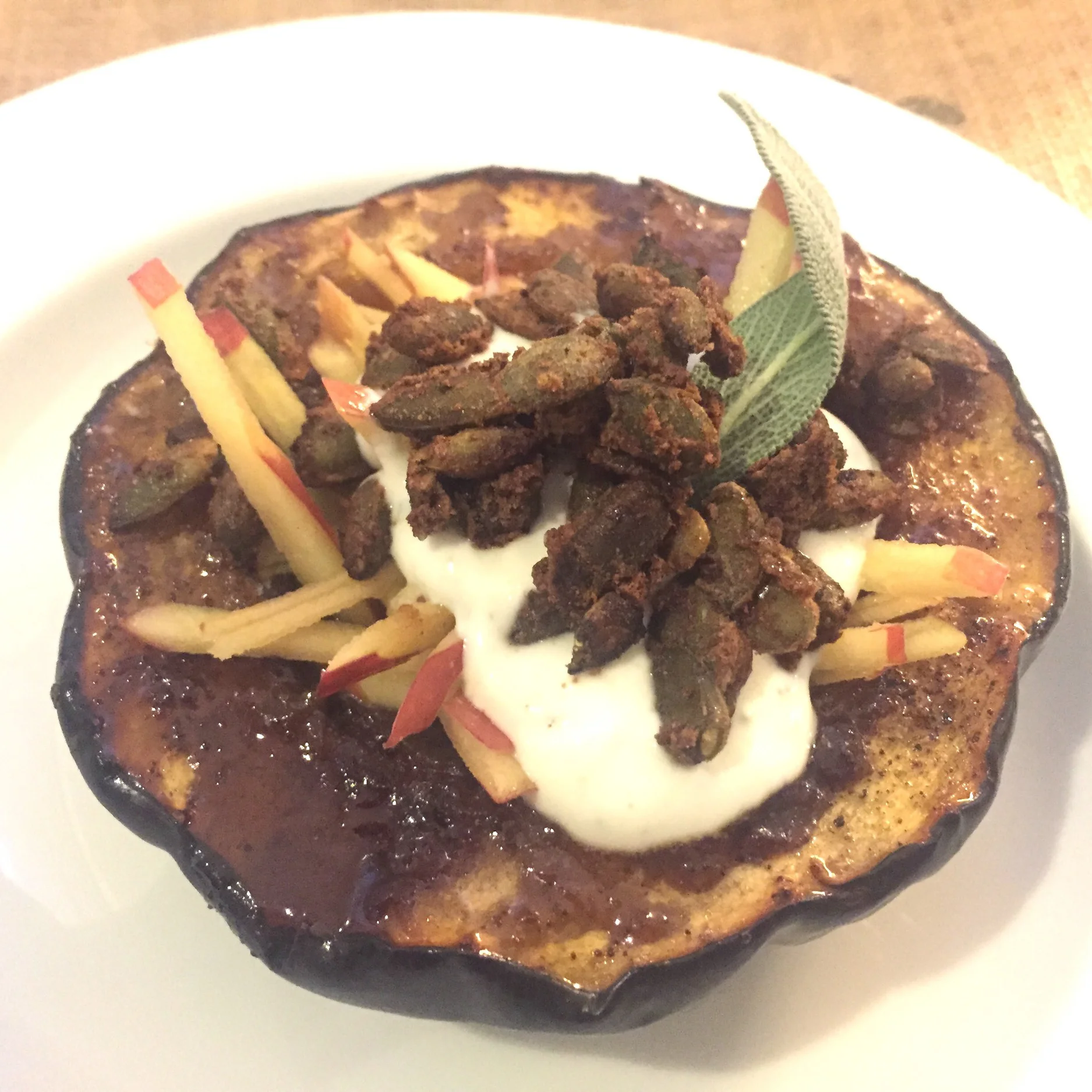 Acorn Squash with Apple, Sage Cream &amp; Spiced Pumpkin Seeds
