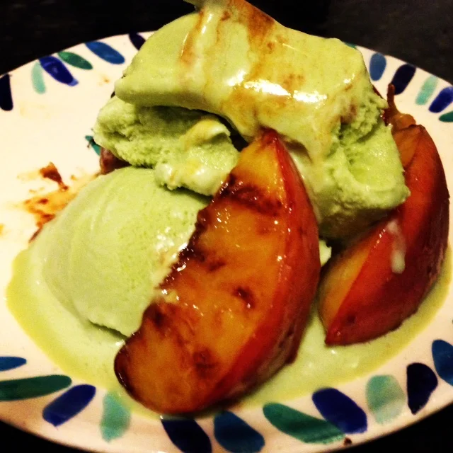 Frog &amp; Peach: Grilled Peaches with Green Tea Ice Cream &amp; Brown Sugar Vanilla Syrup