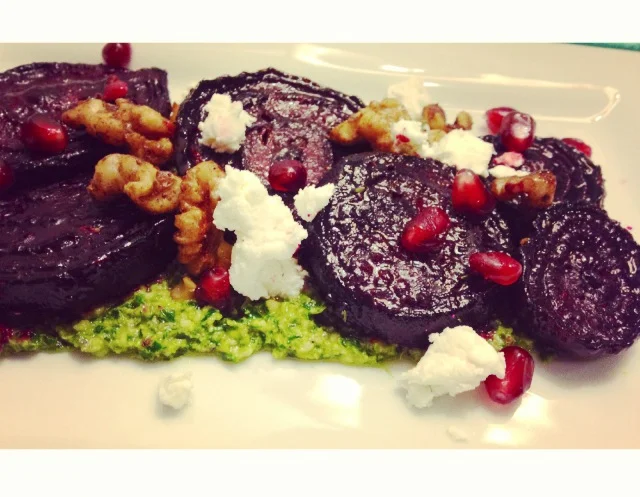 Pomegranate &amp; Beet Salad with Spiced Walnuts, Arugula Pesto &amp; Goat Cheese