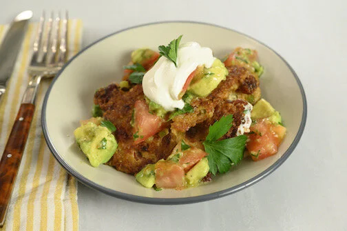 Mexican Quinoa Cakes with Avocado Tomato Salsa &amp; Lime Cream