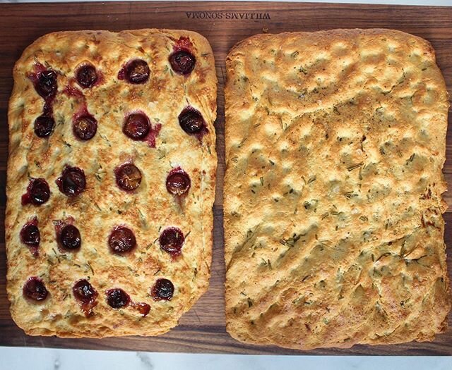 Focaccia 2 Ways! One with Rosemary &amp; Flake Sea Salt and one with Grapes, Rosemary and a hint of Raw Sugar. These go great with your favorite cheeses , soups, pasta dishes or just on their own! Flaky and buttery on the outside and tender and airy 
