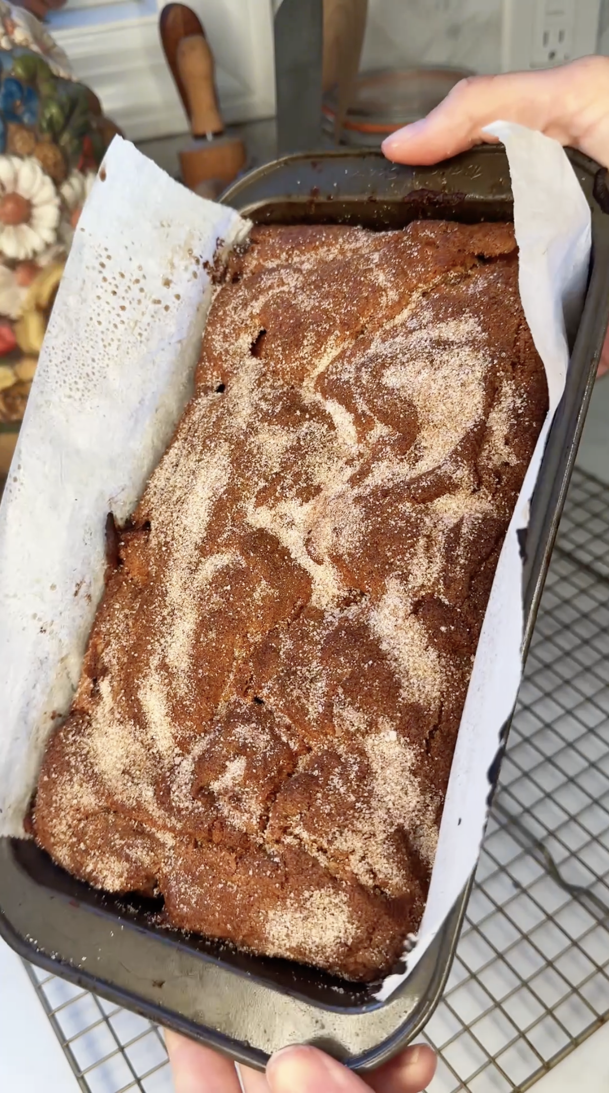 apple cider loaf, swirled texture topped with sugar and cinnamon