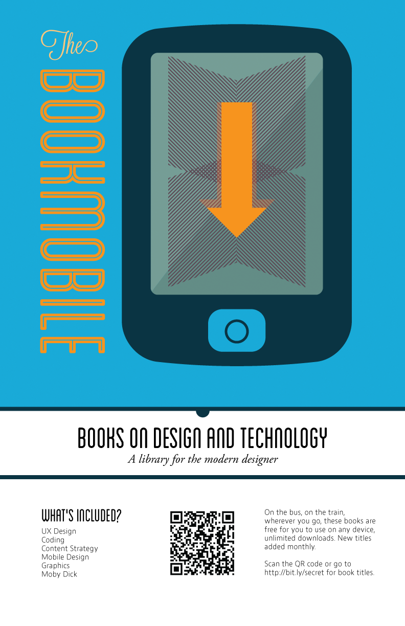 A collection of posters to advertise The Bookmobile. URL and QR code provided for immediate access.