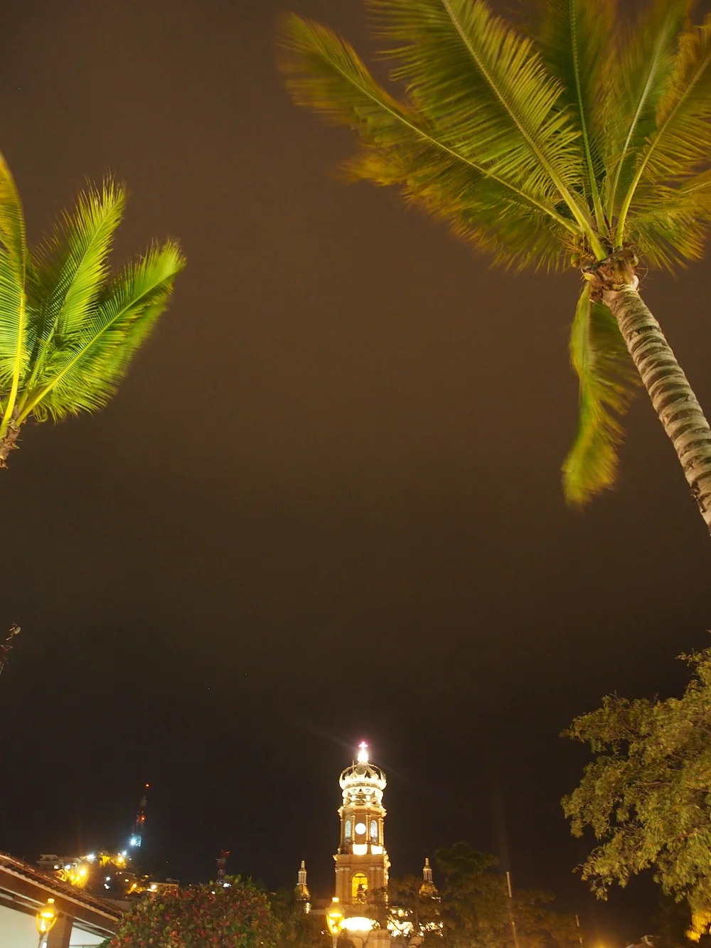Walking along the malecon, with wind in the palms, the cathedral was all lit up, the crown jewel of Puerto Vallarta.