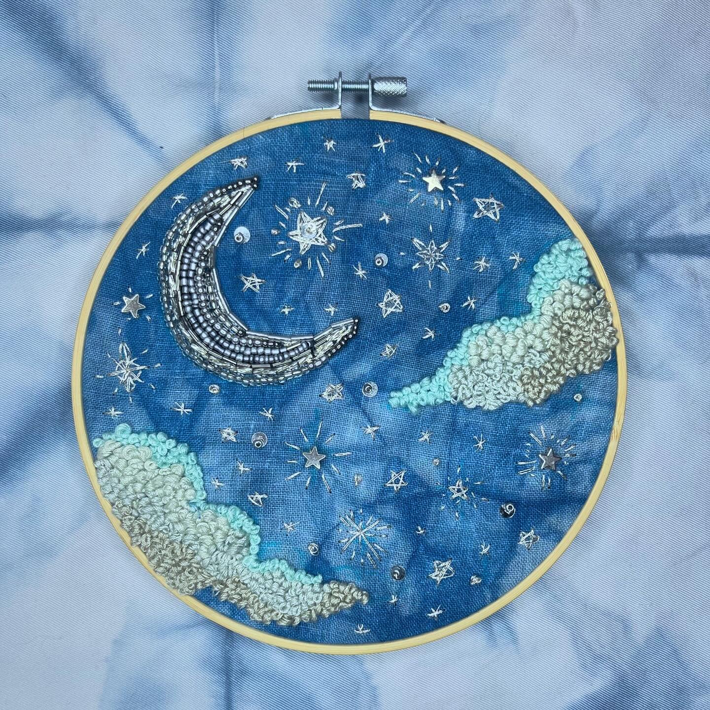 Starry Moon Embroidery ✨💫🌙 #noradrawz #beadembroidery #embroidery #moon #moonandstars #indigodye