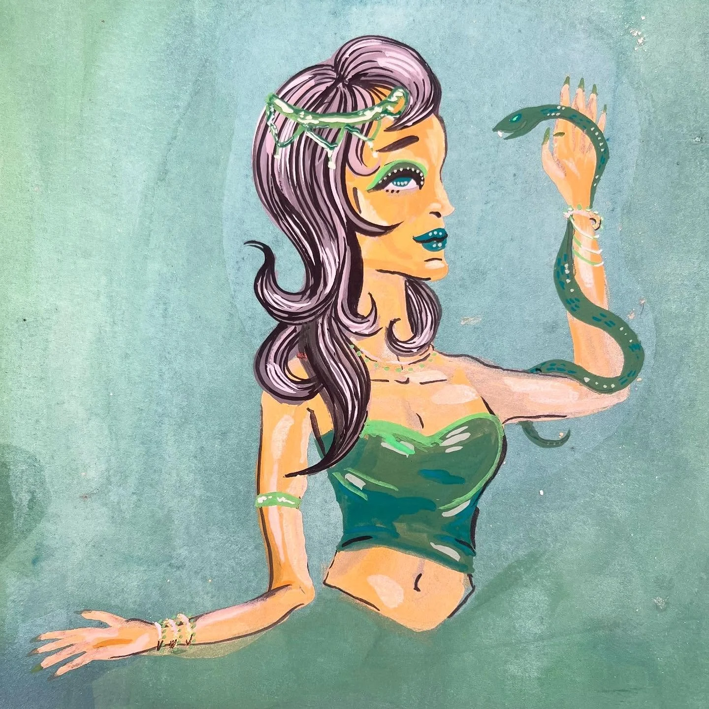 Snake Charmer 🐍✨ inspired by the coolest wallpaper I saw in NOLA #gouache #draw2025 #noradrawz #snakecharmer