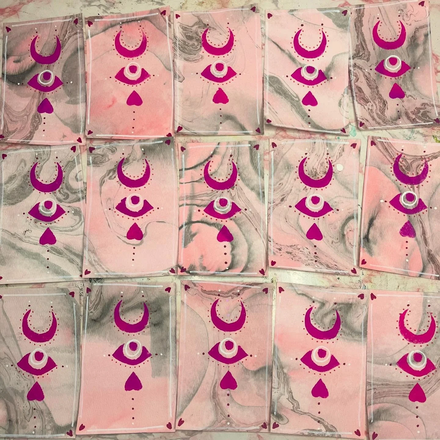 Artist trading cards for my surface design group ✨🌙👁️💖✨ #draw2025 #noradrawz #selflovesigil #artisttradingcards #marbling #posca #gouache #pghw