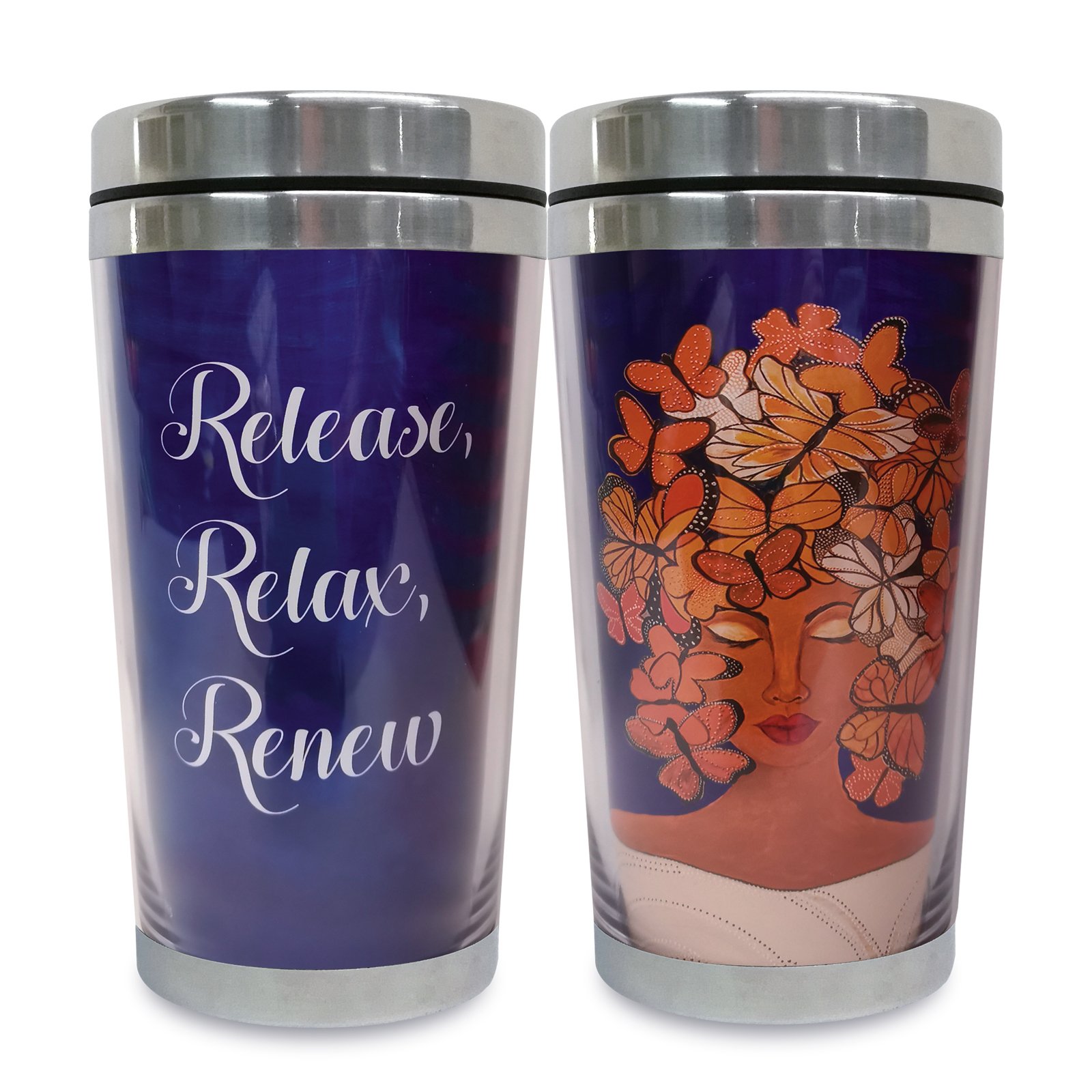 RELEASE, RELAX, RENEW TRAVEL MUG
