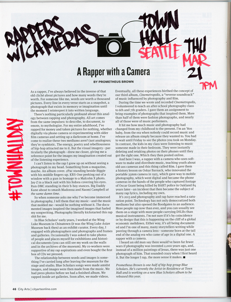 rapperswithcameras : 
 
 TONIGHT! CLICK PHOTO FOR RSVP IF IT ISN’T FULL YET 
 
 Geo &amp; Thig talk about their project Rappers W/ Cameras live at Town Hall Seattle tonight. 
  MORE INFO HERE