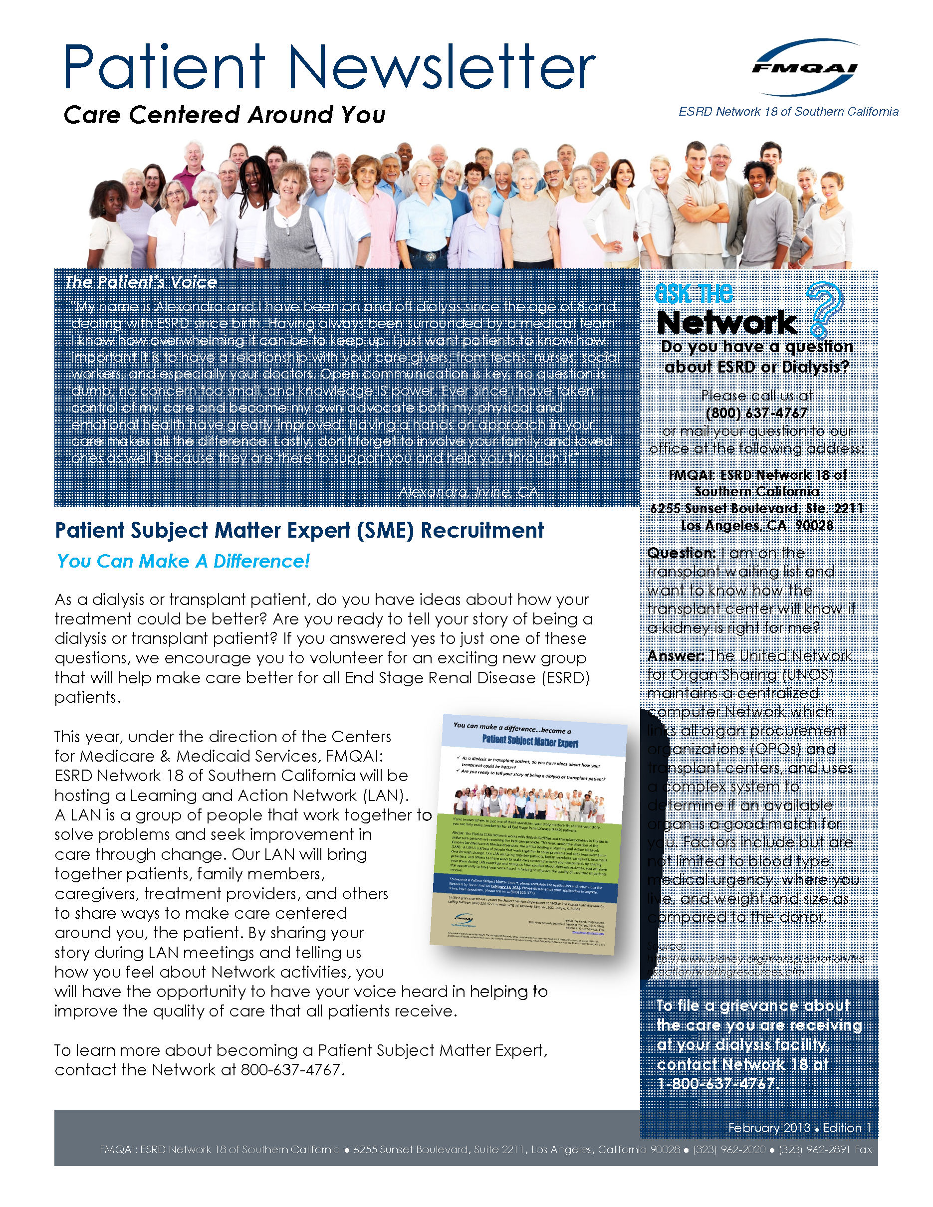 KB Dialysis co-founder, Alexandra L. Harrison in the ESRD Patient Newsletter February 2013 - Edition 1