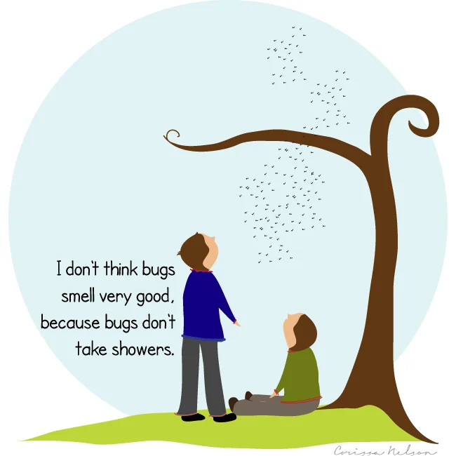 bugs smell because they don't shower illustration of boys, tree, sky, bugs, and kids