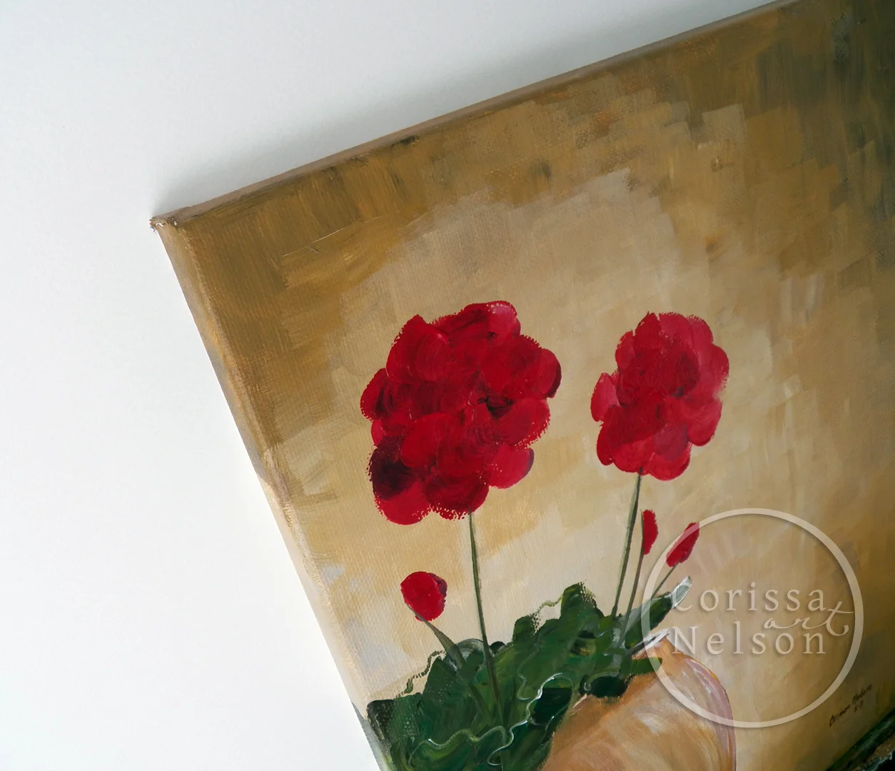Geraniums in a Clay Pot, acrylic painting, original artwork, garden art, flower paintings