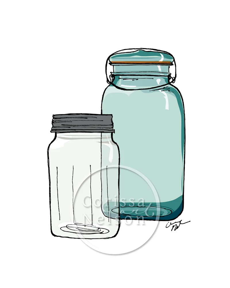 mixed media, art illustration, mason jar sketch, canning jar, blue, turquoise jar