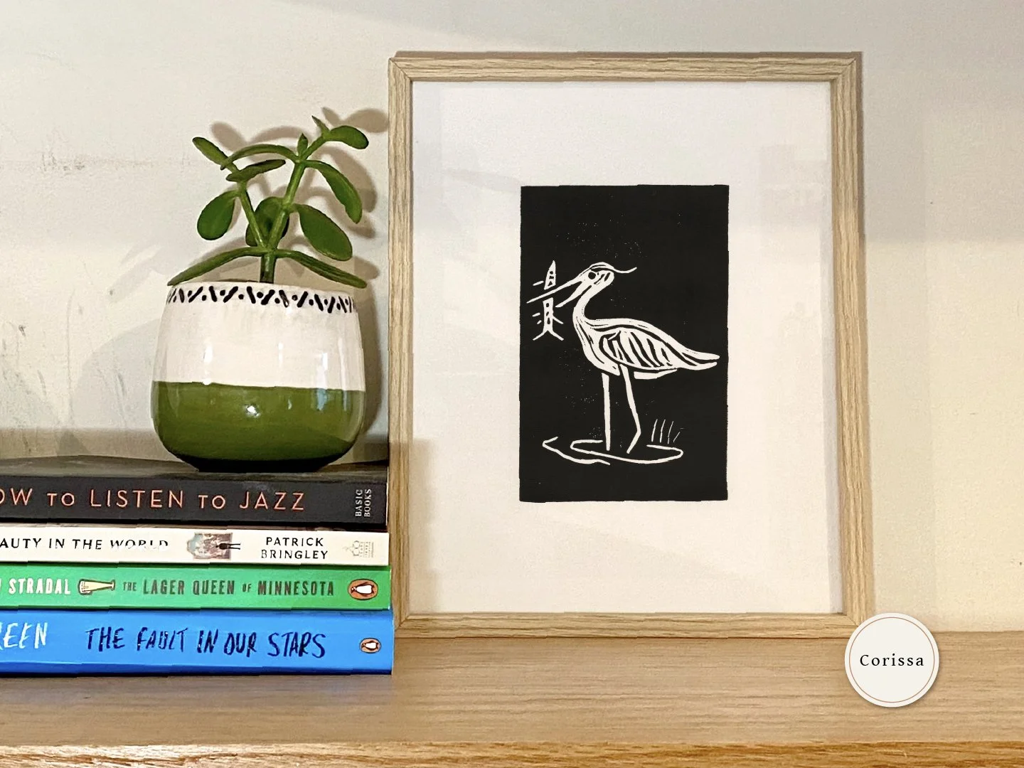 black heron block print handmade printable nature wall art 8x10