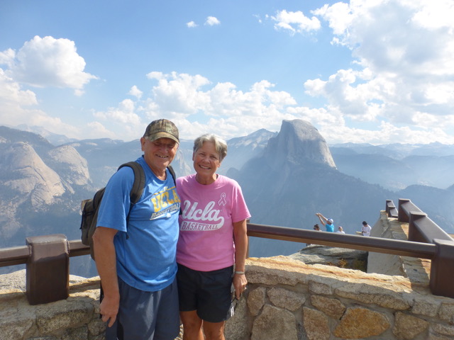 At Glacier Point to start the Panorama Trail to the valley, with Half Dome looking over over shoulder.