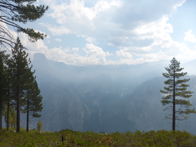 The smoky haze obscured the view, but you can make out Nevada and Vernal Falls if you look closely.