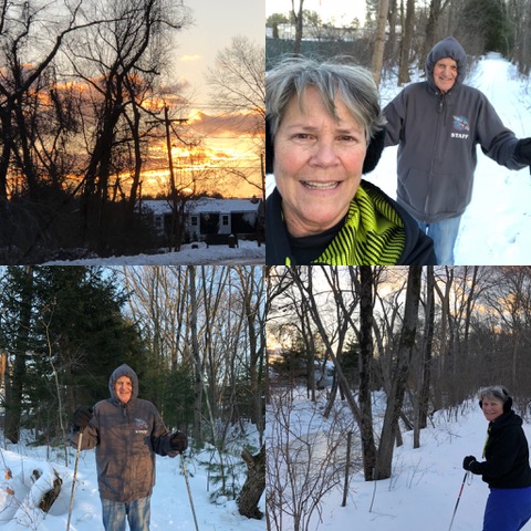 The absolute delight of cross-country skiing in our own backyard (our property abuts conservation land) to a setting sun in a winter sky. Love it!!