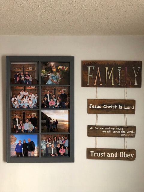 I love this. An old window frame, repurposed . . . now hanging in our entryway. It brings a smile to my face each time we walk through the door and are greeted by these sweet smiles of our family. And the repurposed old flooring from CBS from which Paul’s sister Beth salvaged the wood and stenciled our life mission statement. Joined by chain to “FAMILY” —a plaque given to us by my sister Laura, we’re reminded daily of eternal truths. 