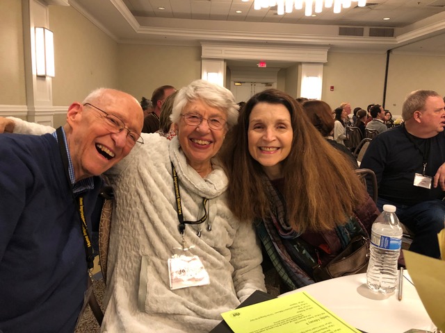 Marilyn Nugent gives a warm welcome to Bill and JoAnne Shore, our longest married couple at 65 years!
