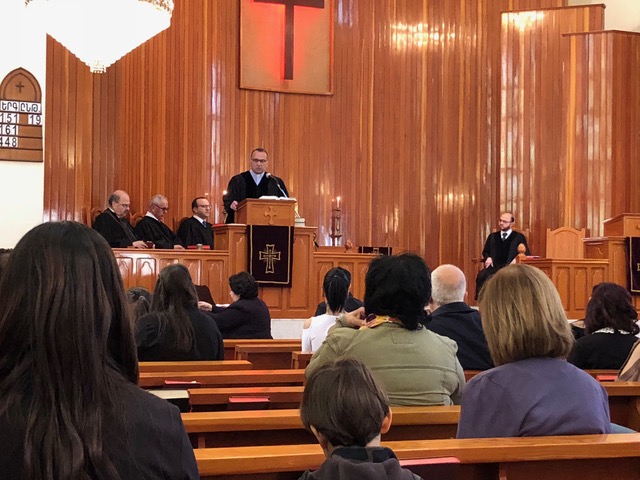 Badveli Raffi welcomes the congregation to his church on Martyr’s Day in recognition of the Armenian genocide.